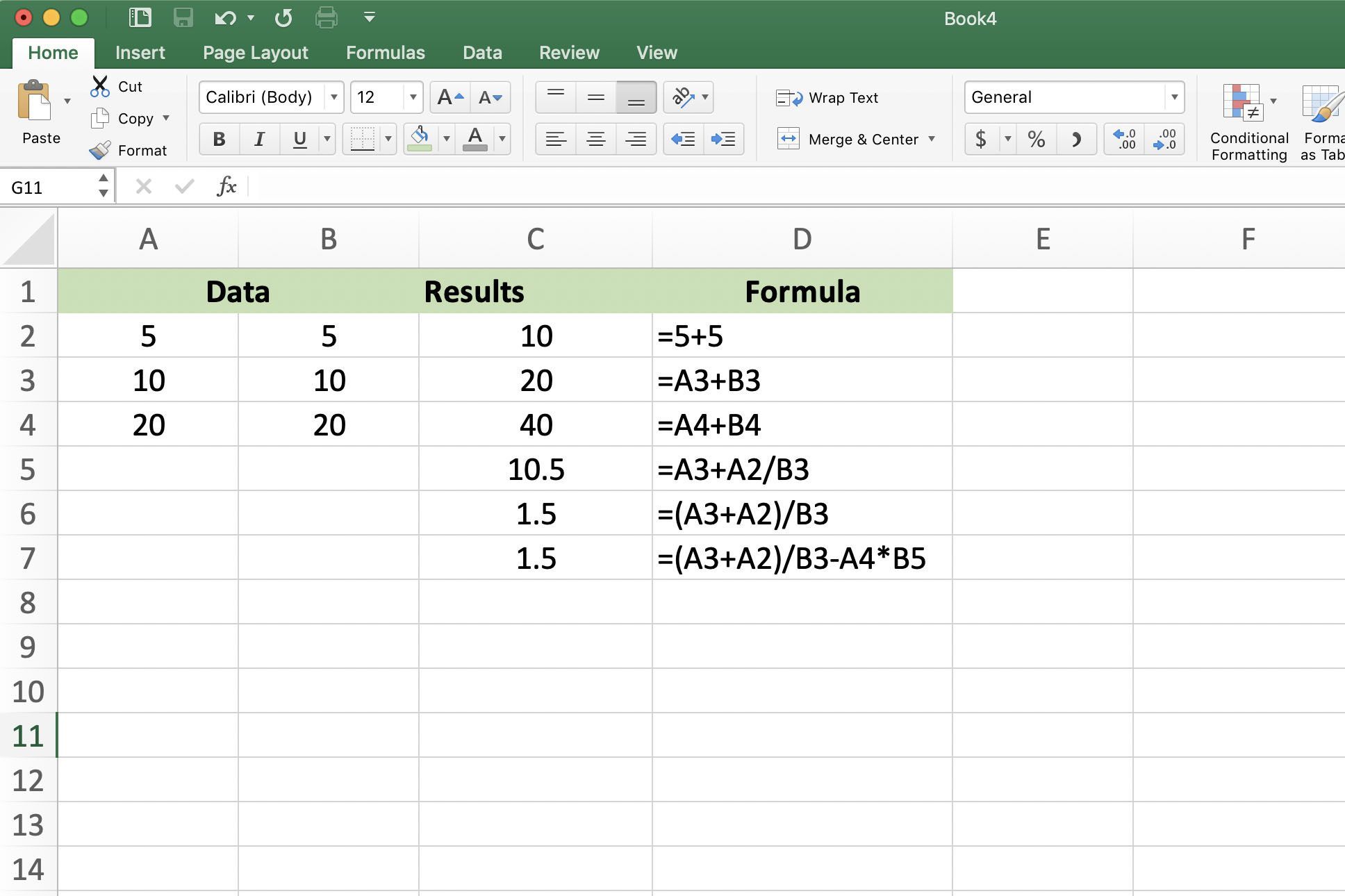 Снимок экрана Excel с формулами сложения