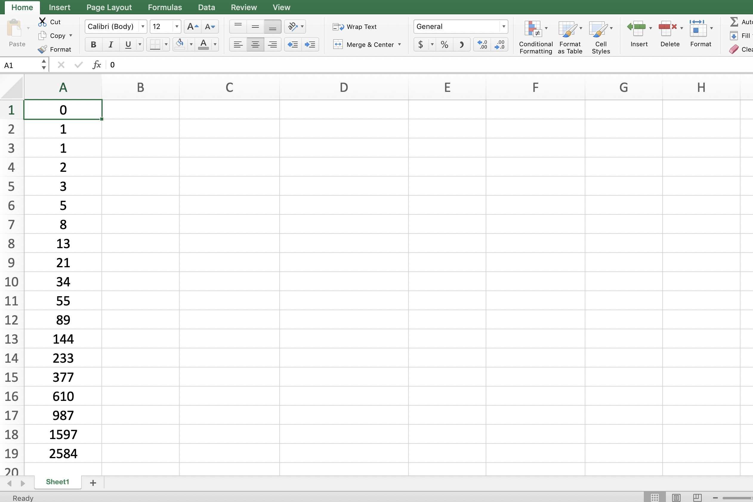 Снимок экрана Excel, показывающий последовательность Фибоначчи