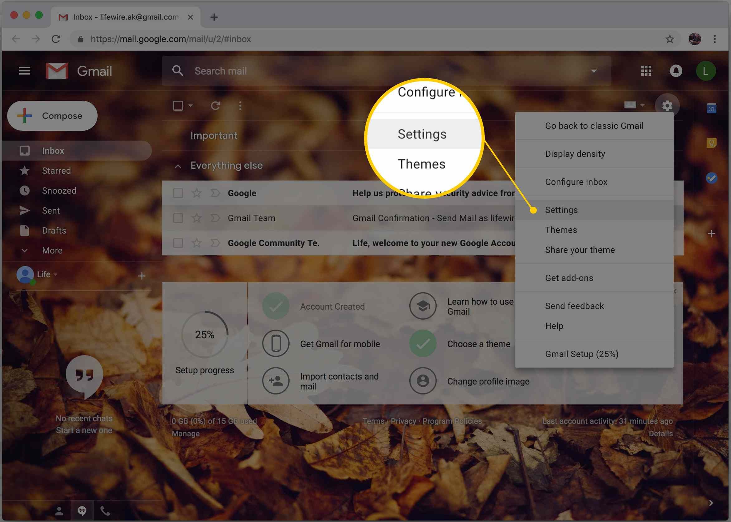 Снимок экрана с меню настроек Gmail в браузере Chrome