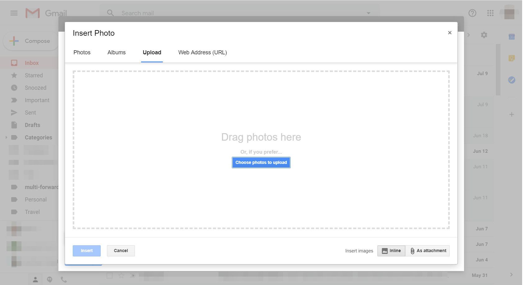 Gmail с диалоговым окном «Вставить фото»