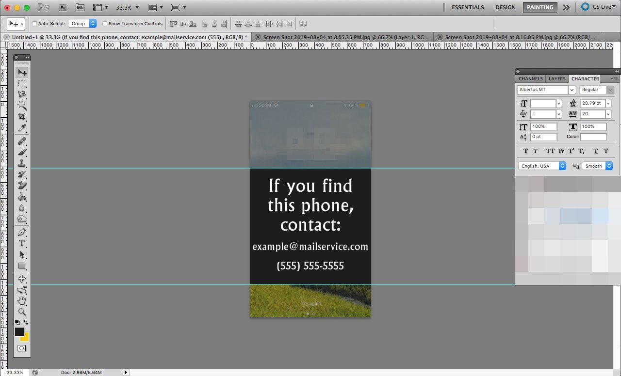 Документ Photoshop размером с экран iPhone с контактной информацией
