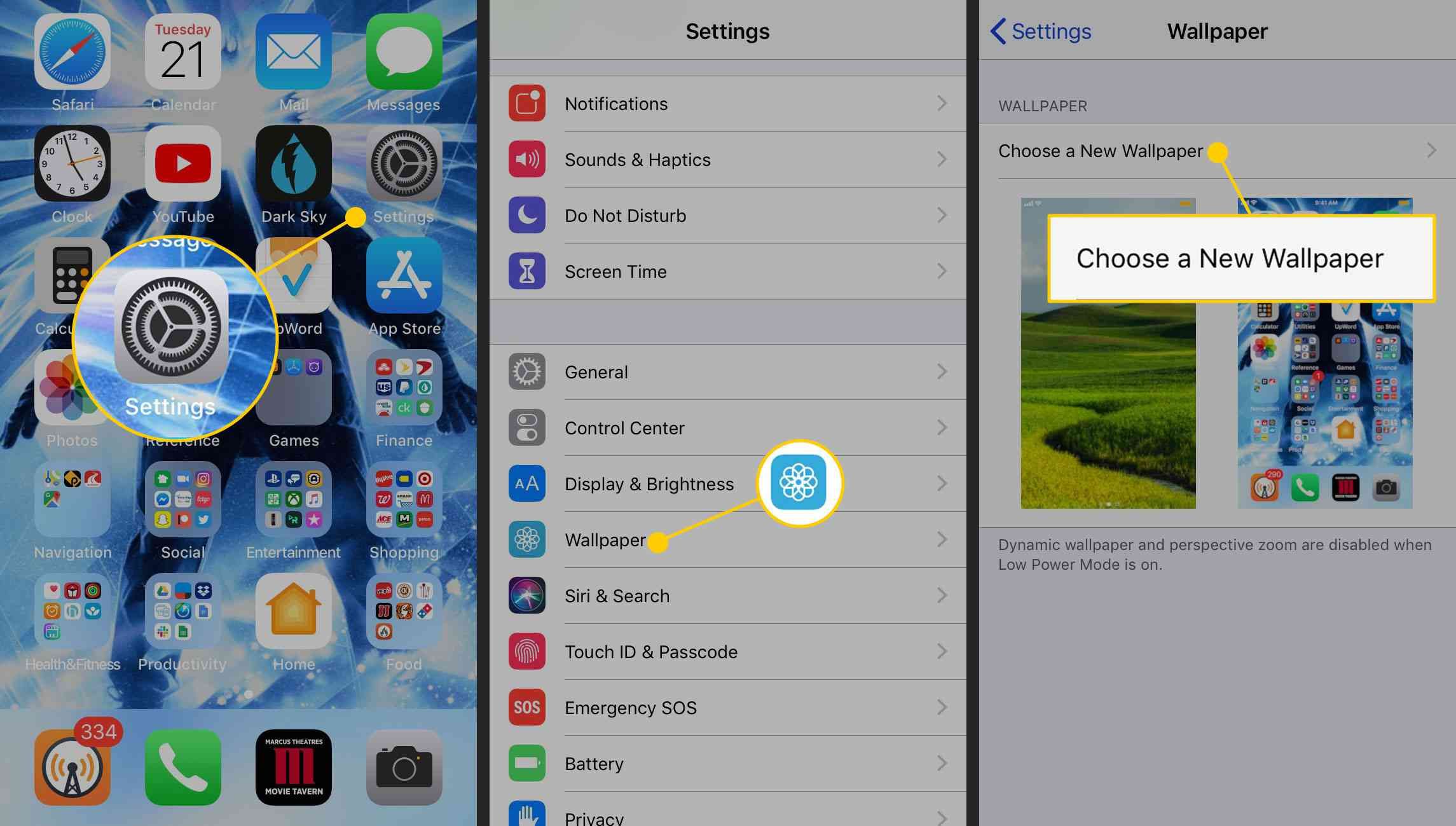 IPhone, отображающий путь к опции «Выбрать новые обои»