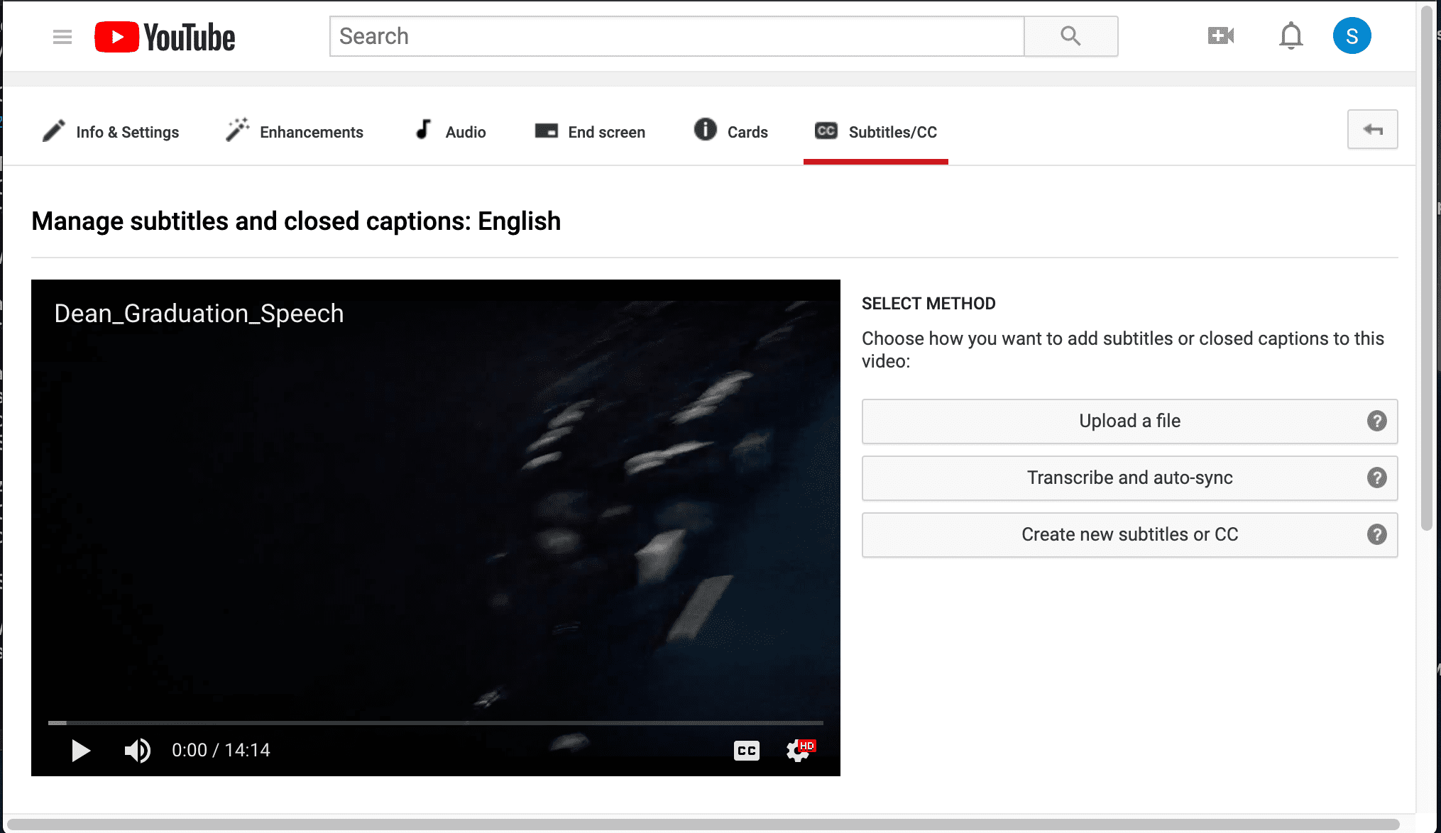 скриншот методов субтитров в YouTube Creator Studio Classic