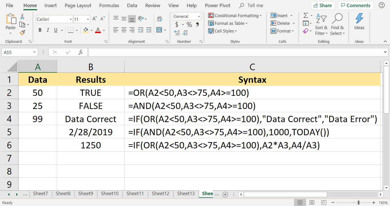 Снимок экрана Microsoft Excel с обзором условных операторов с использованием функций IF, AND и OR