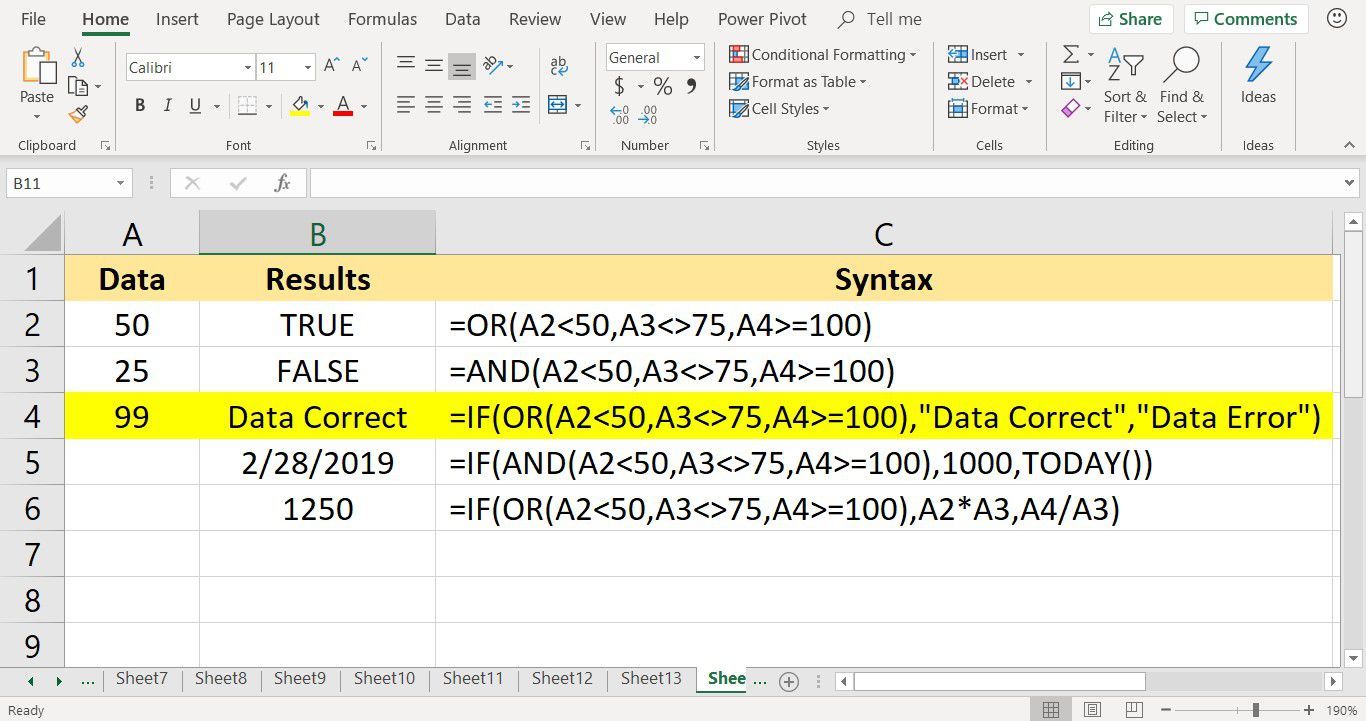 Снимок экрана Microsoft Excel с функцией OR, вложенной в функцию IF