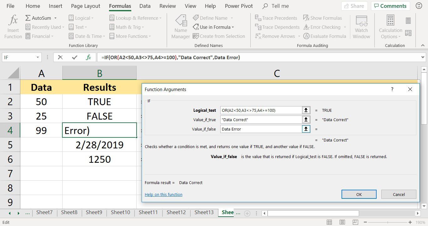 Снимок экрана, показывающий, как вложить функцию OR в функцию IF в Excel