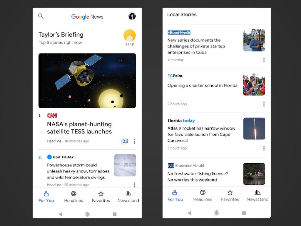 Два скриншота приложения Новости Google для Android.