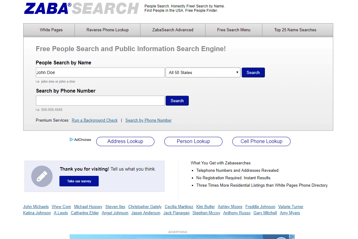 ZabaSearch Поиск людей по имени текстовое поле