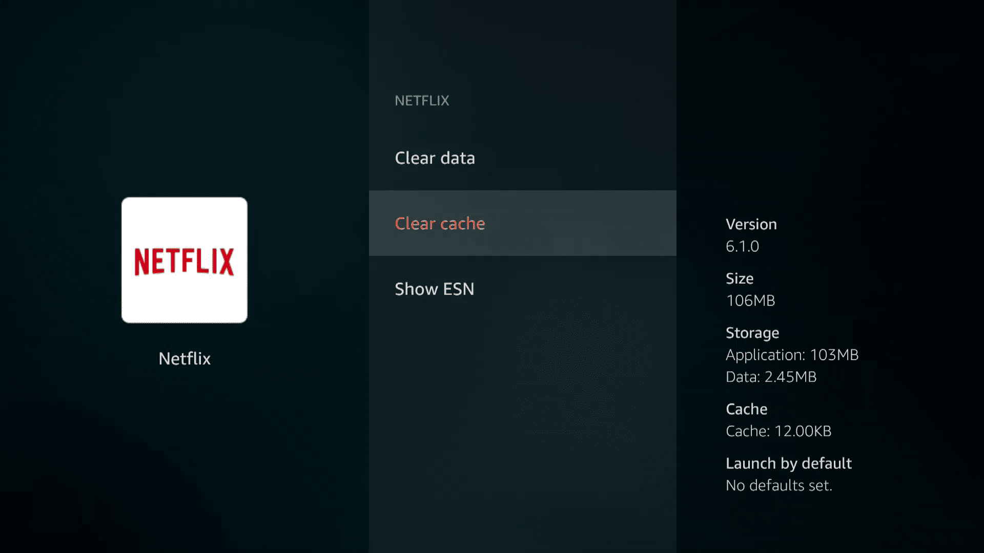 Экран, показывающий, где очищать кэш Netflix на Fire TV.