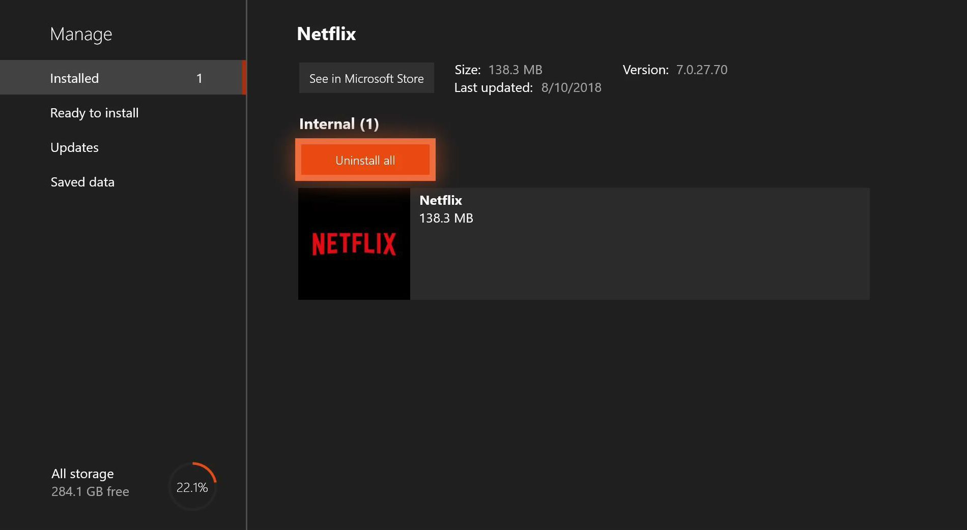 Пример удаления приложения Netflix на Xbox.