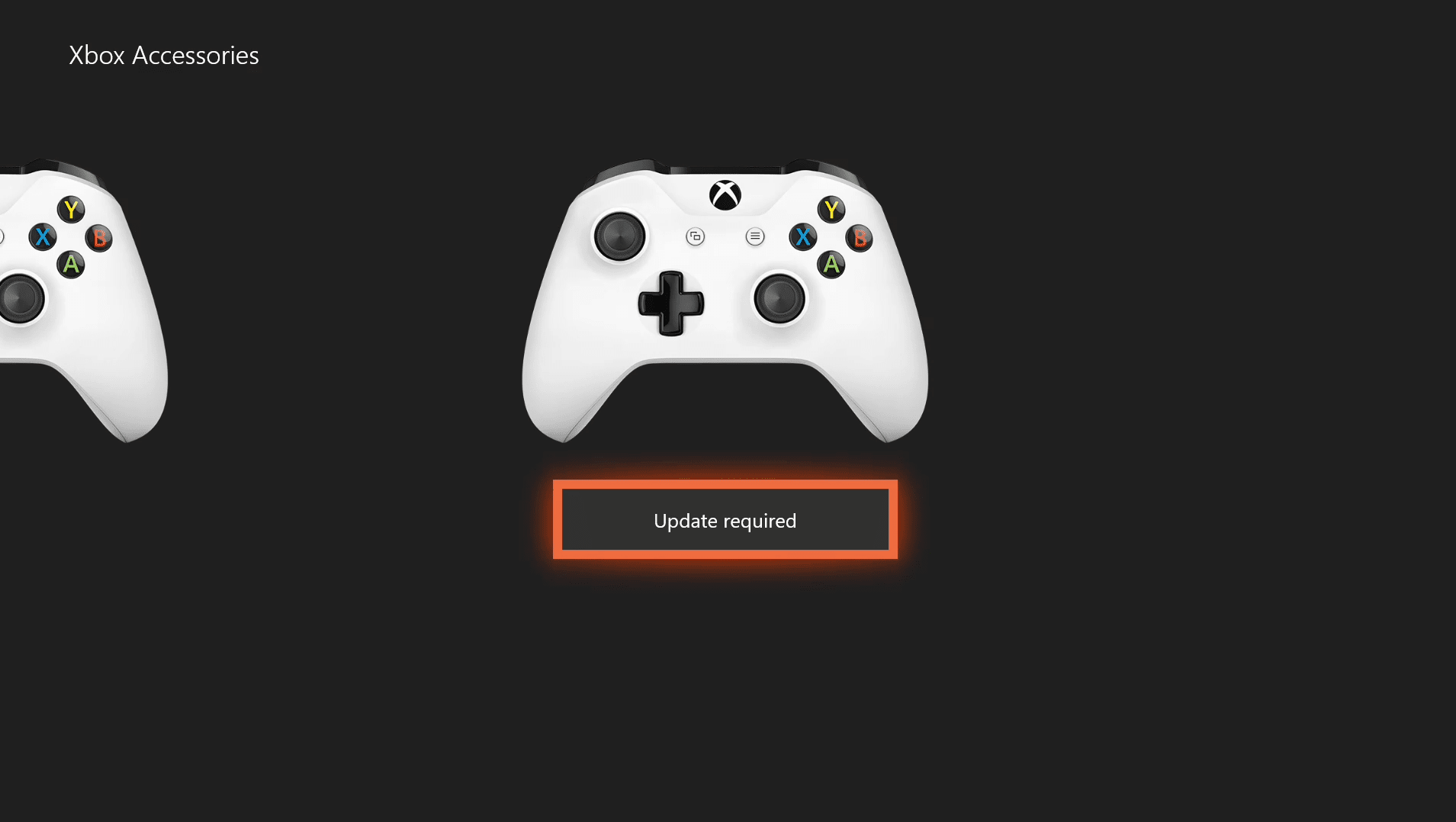 Снимок экрана контроллера Xbox One, требующего обновления.