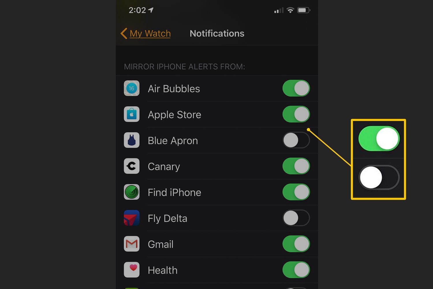 Экран уведомлений Apple Watch со сторонними переключателями
