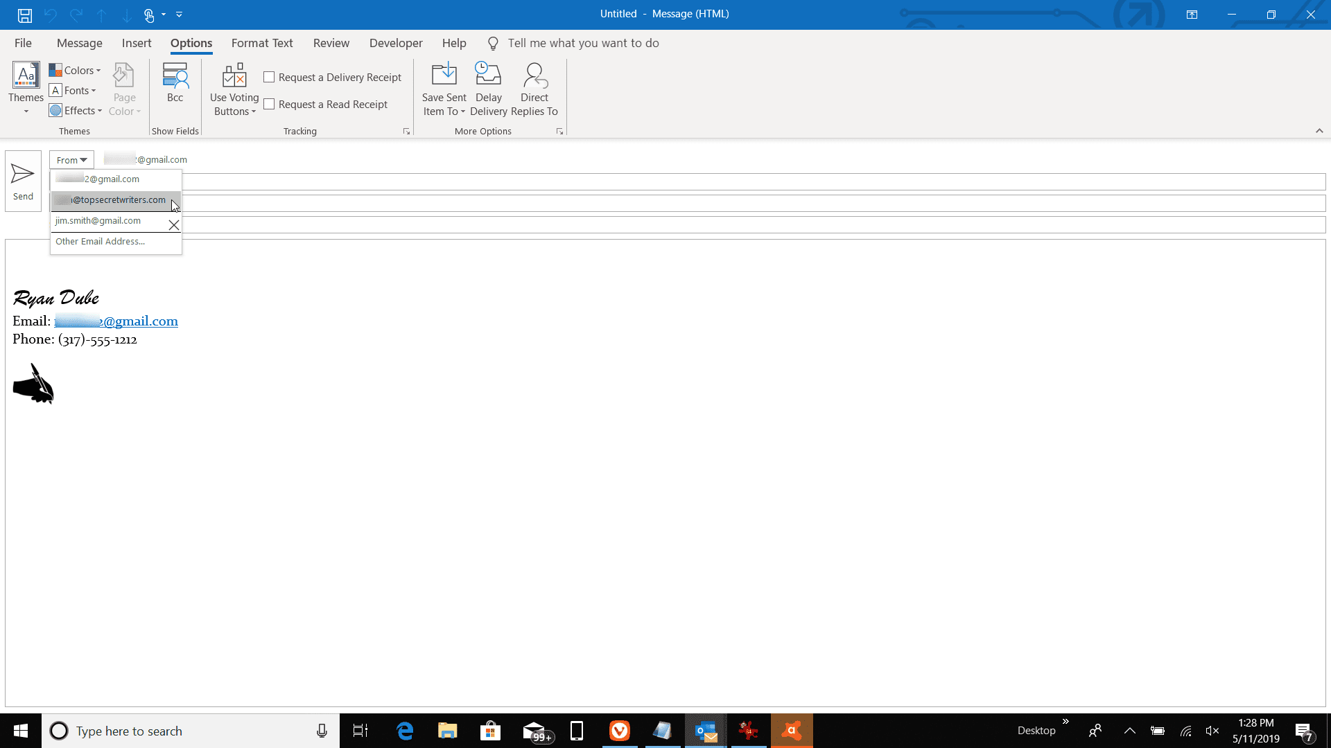 Снимок экрана выбора учетной записи From в Outlook