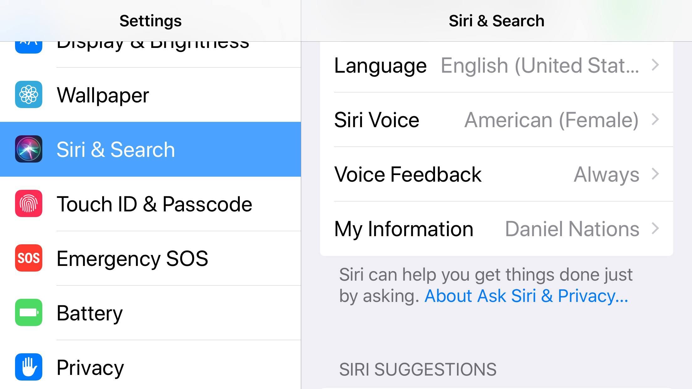 Скриншот настроек языка iPhone для Siri