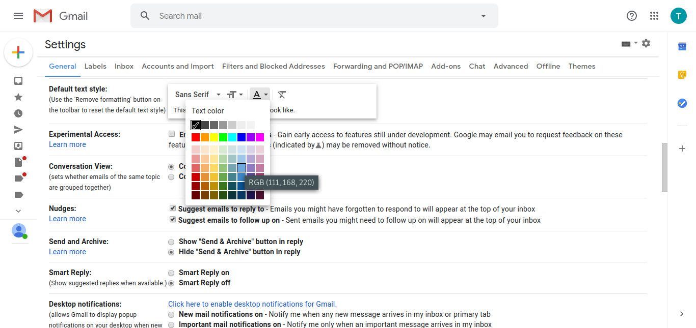 Настройки Gmail меняют цвет шрифта