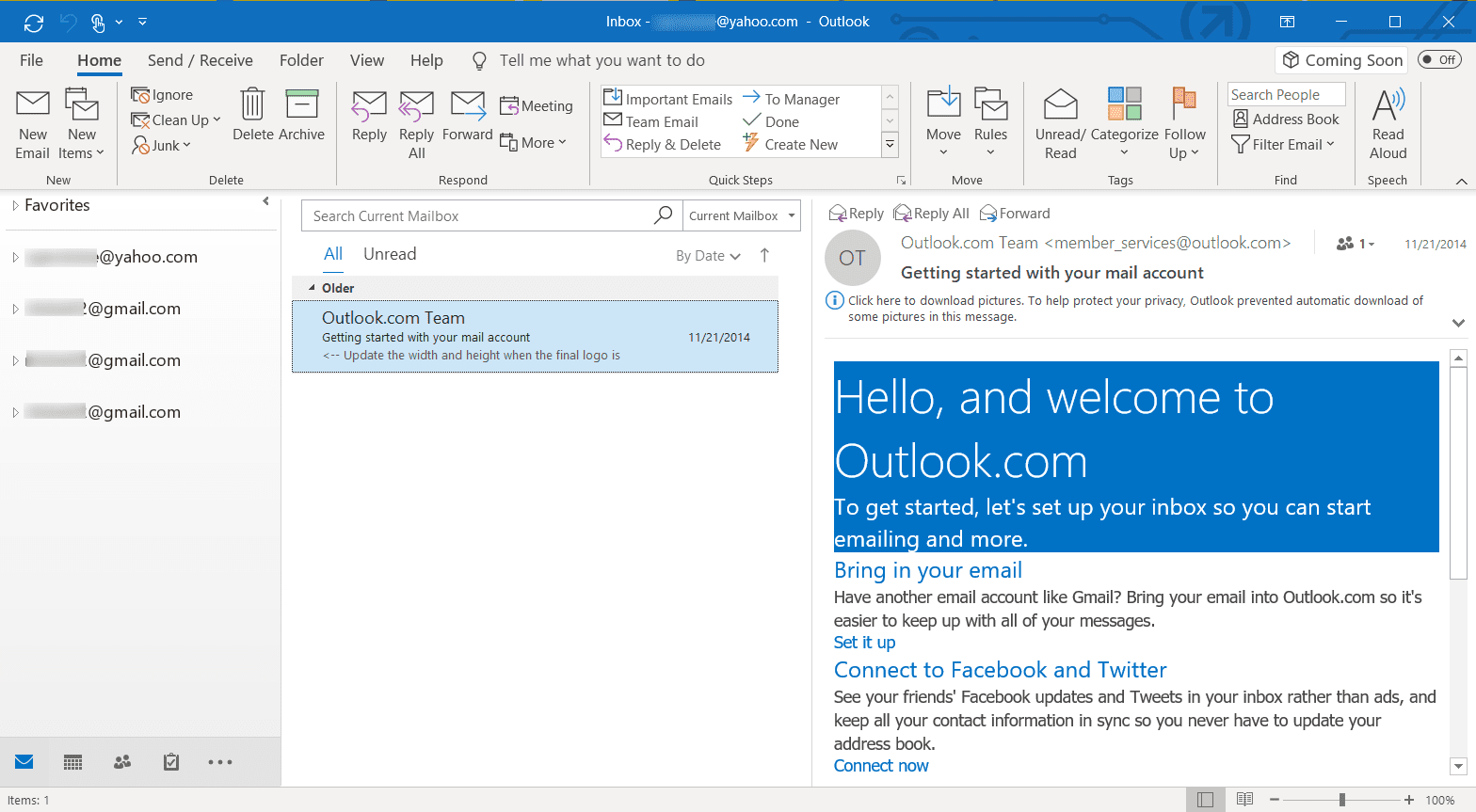 Скриншот разваливающихся аккаунтов в Outlook