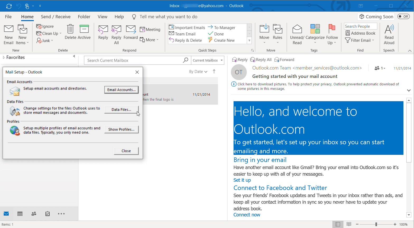 Снимок экрана: управление профилями в Outlook