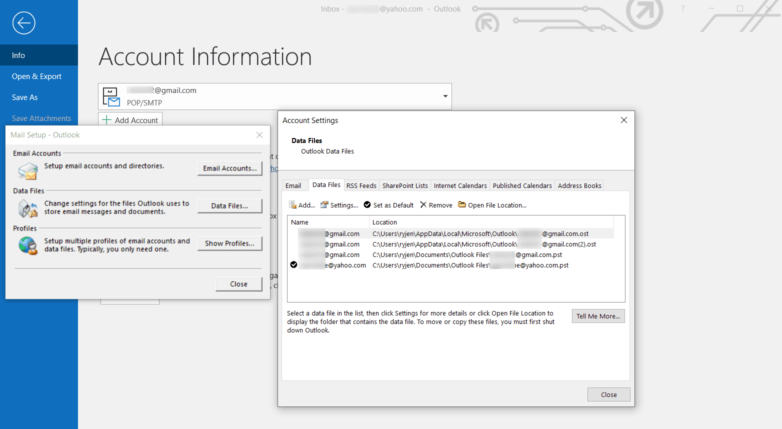 Скриншот файлов данных в Outlook