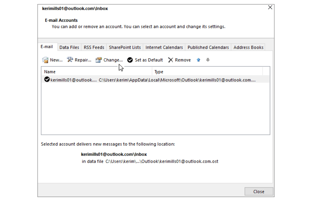 Фото окна детализации учетной записи электронной почты в Windows.