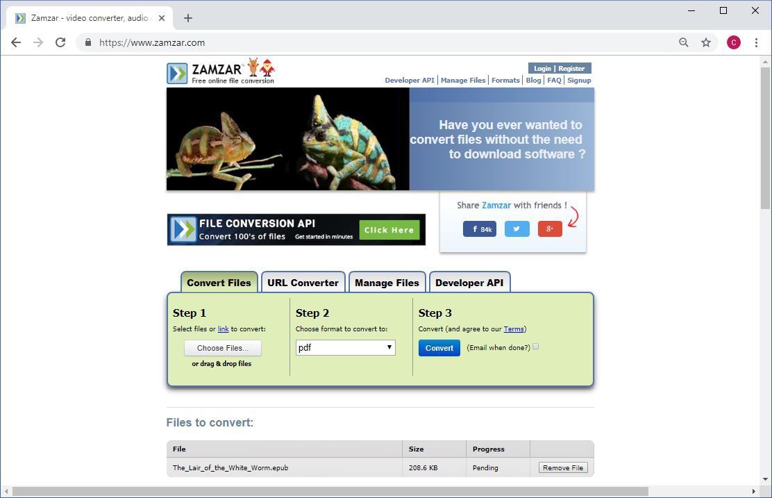 Снимок экрана, показывающий, как загружать файлы ePUB на сайт Zamzar