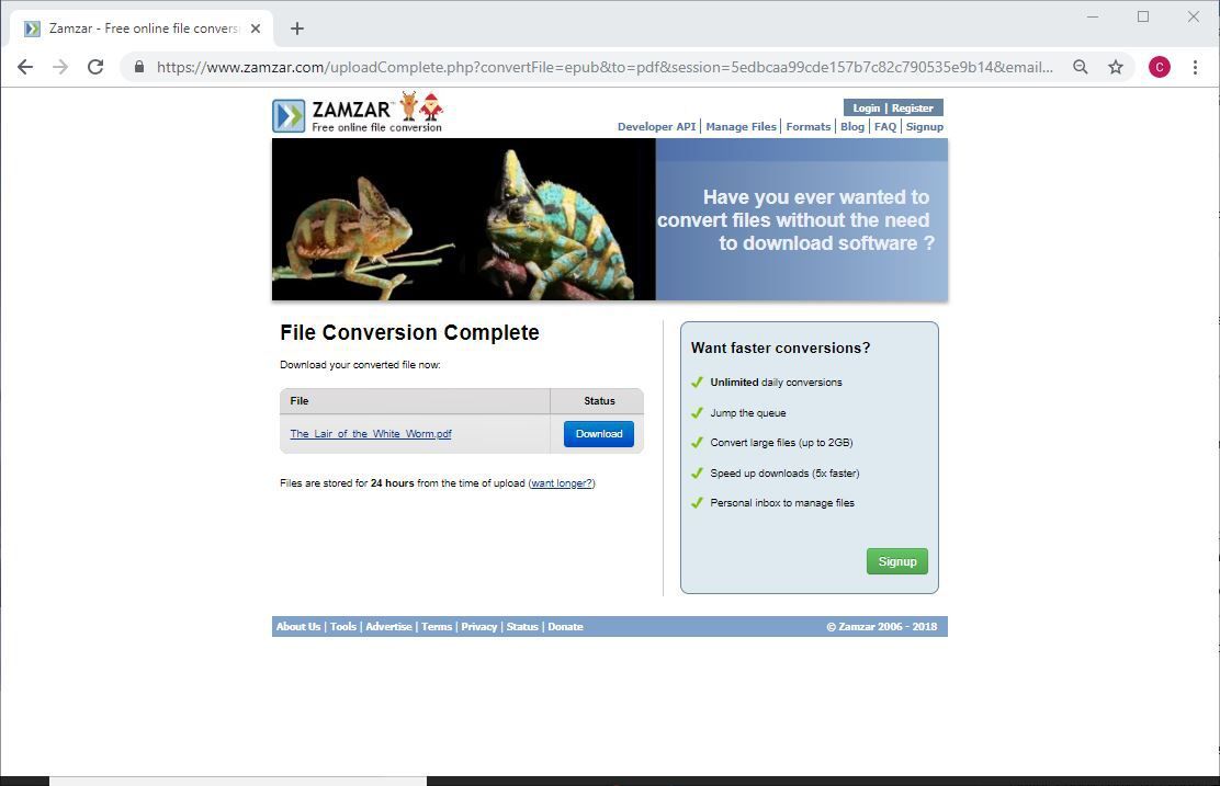 Снимок экрана, показывающий преобразованный файл PDF, готовый для загрузки с веб-сайта Zamzar