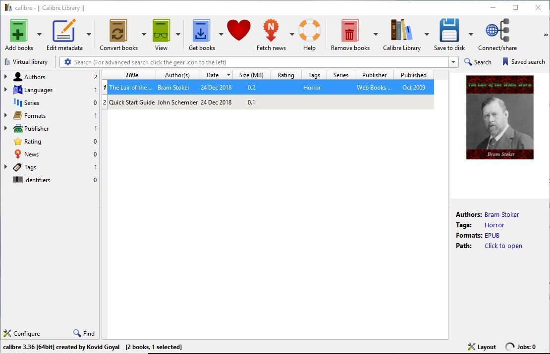 Снимок экрана, показывающий, как добавить книгу ePUB в библиотеку Caliber