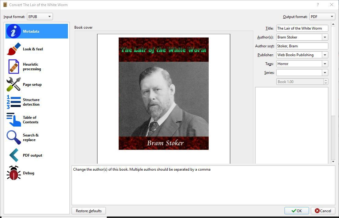 Снимок экрана, показывающий, как конвертировать ePUB в PDF с помощью Caliber