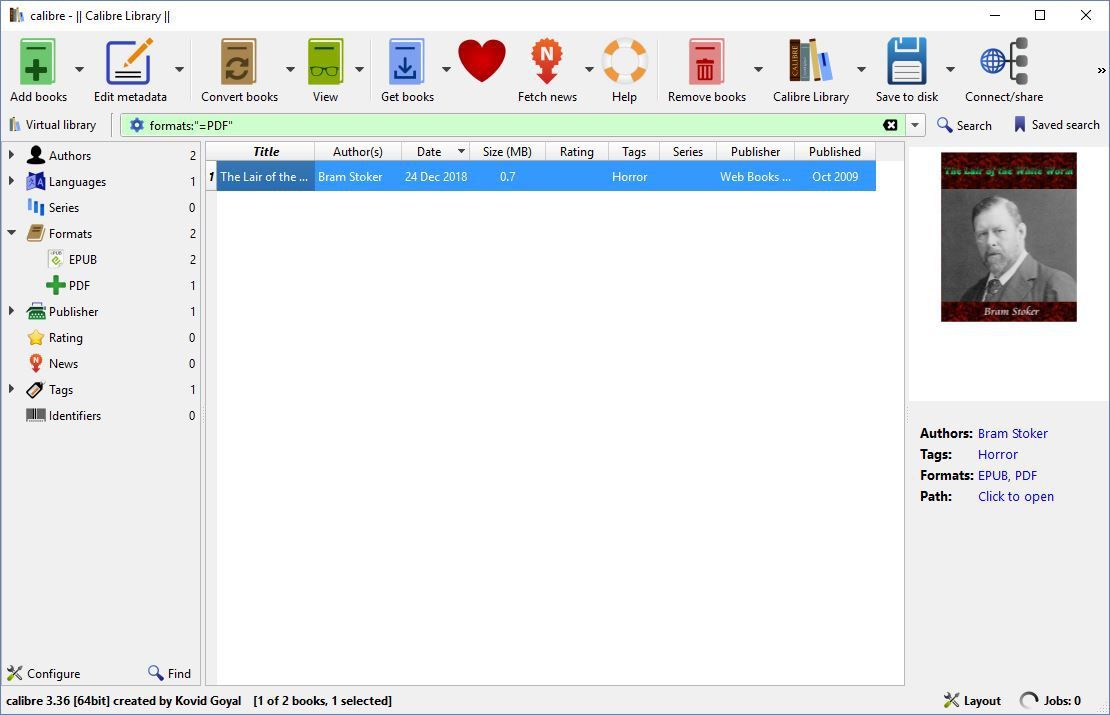 Снимок экрана, показывающий, где найти преобразованный файл PDF в Caliber