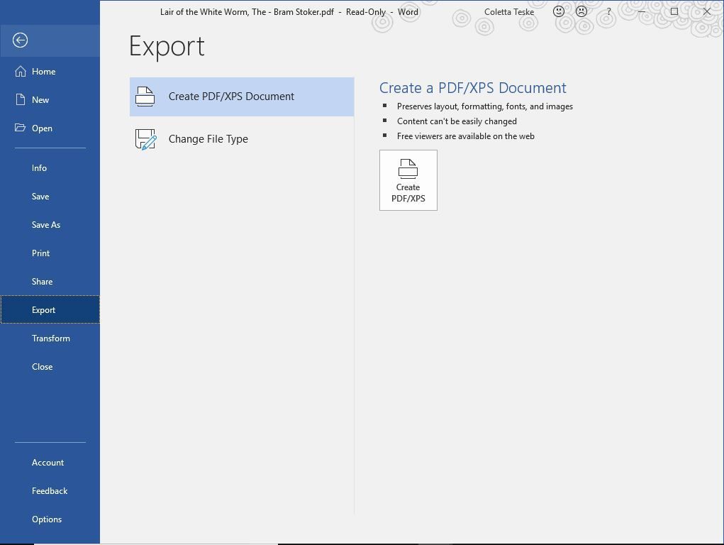 Снимок экрана, показывающий, как сохранить файл в формате PDF в Microsoft Word