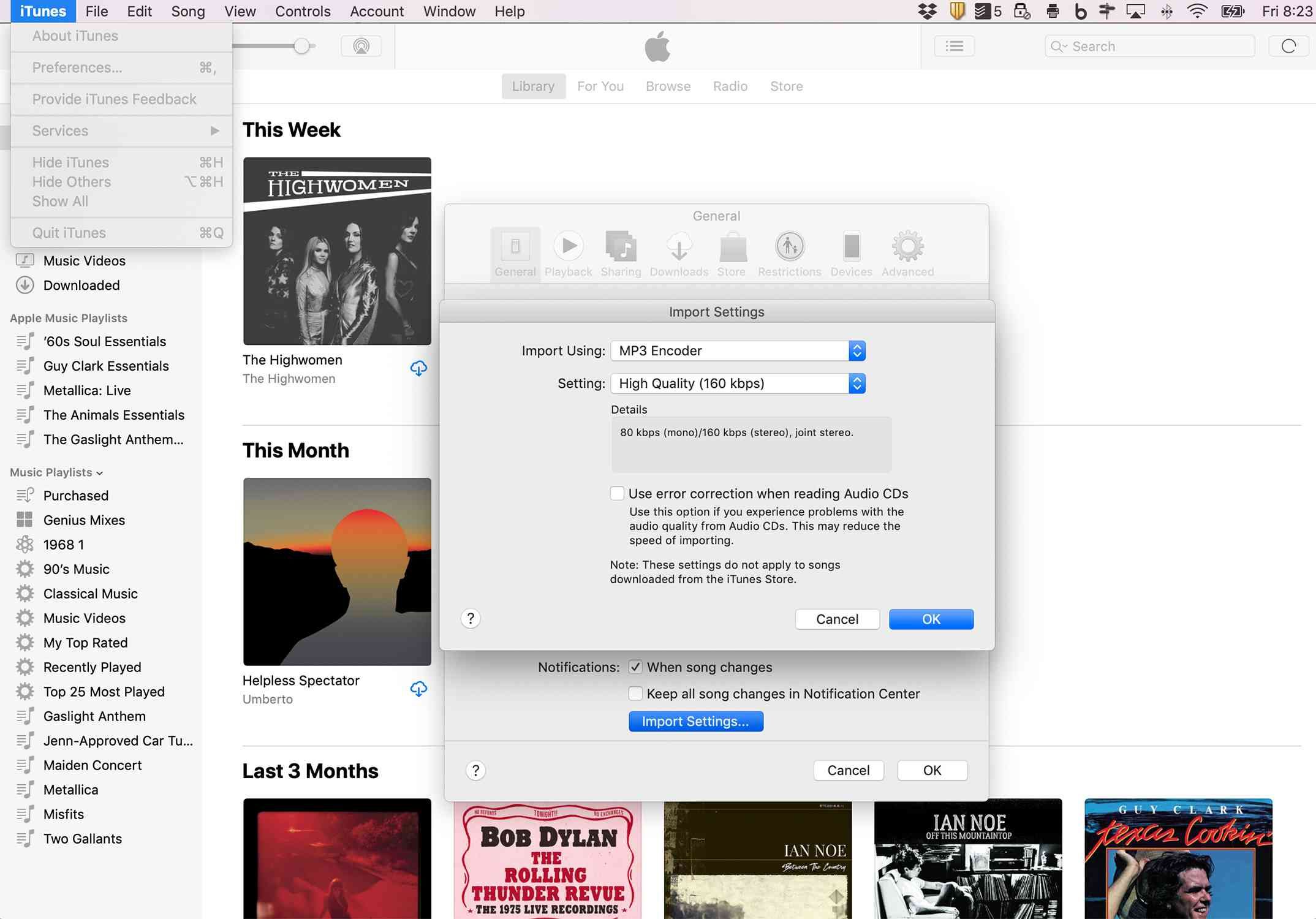Снимок экрана iTunes с параметрами и настройками преобразования файлов