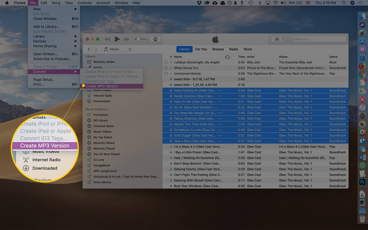 Пункт меню «Создать версию MP3» в меню «Файл» в iTunes на macOS