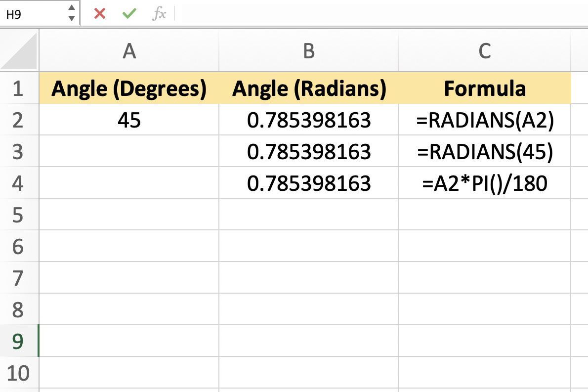 Снимок экрана Excel, показывающий перевод из градусов в радианы