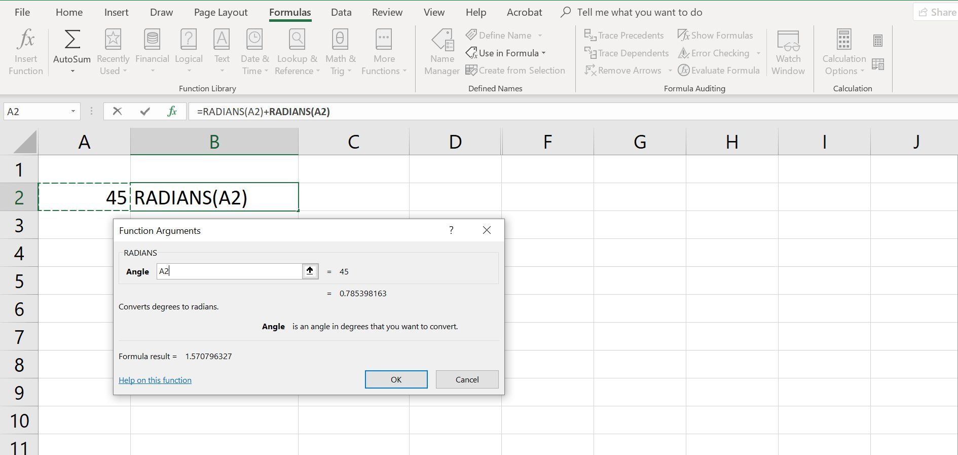 Электронная таблица Excel с открытым диалоговым окном для создания функции RADIANS