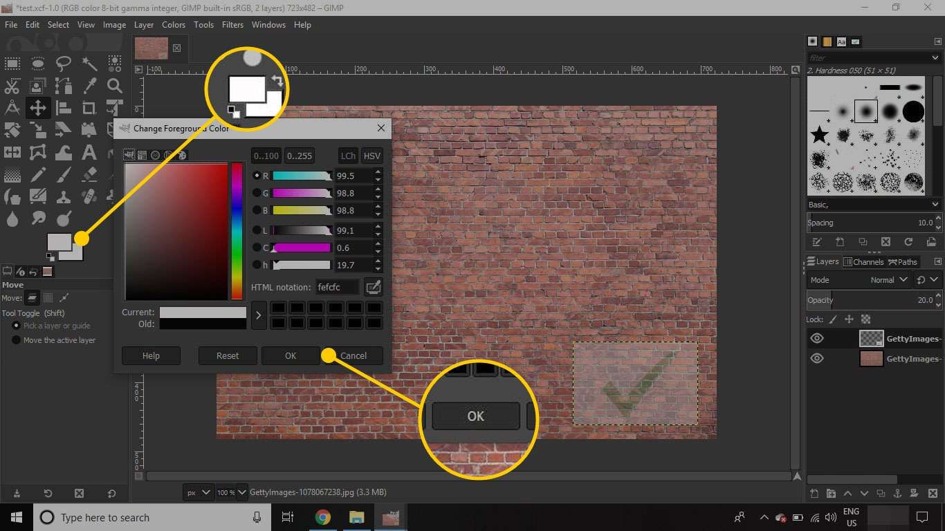 Выбор нового цвета переднего плана в GIMP. Палитра цветов и кнопка OK выделены