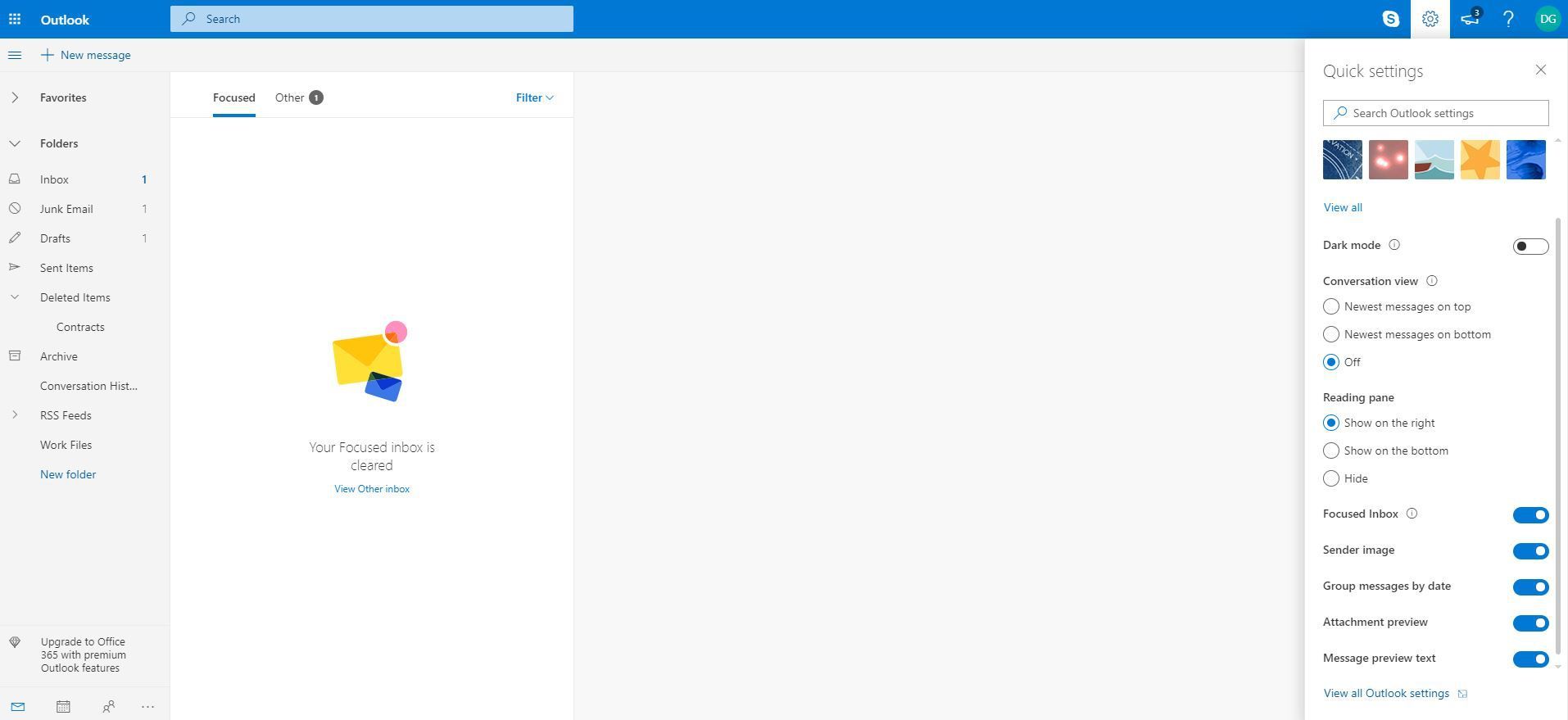 Снимок экрана: просмотр всех настроек Outlook на панели настроек