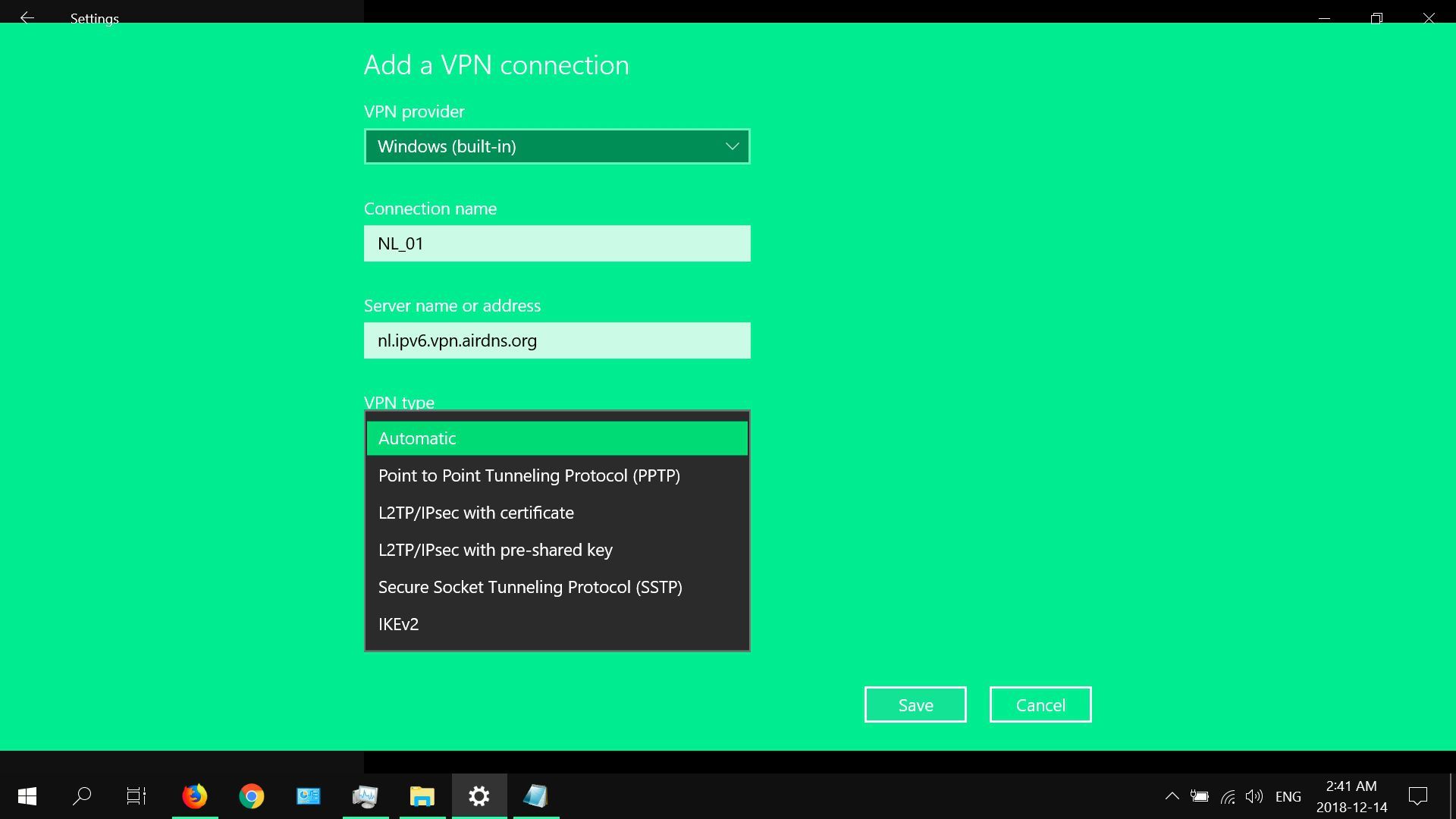 Скриншот типов vPN, предлагаемых в собственном клиенте Windows 10.