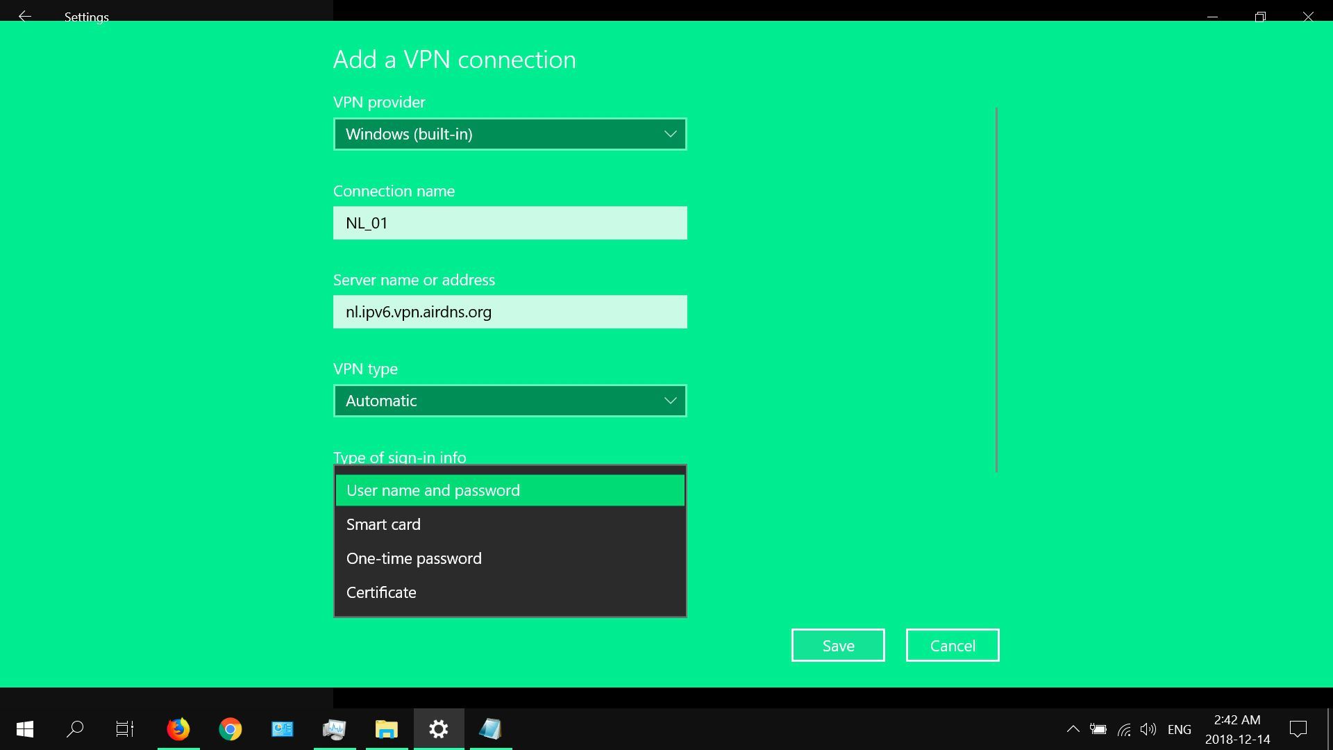 Снимок экрана, показывающий параметры входа для встроенного VPN в Windows 10.