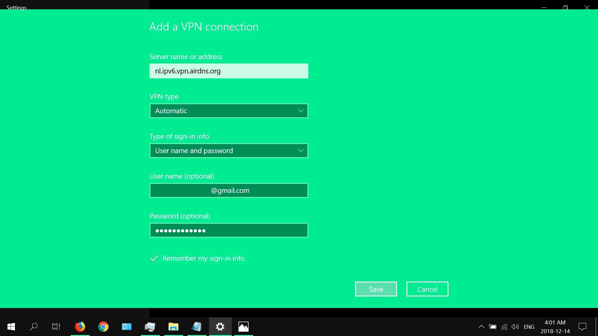 Скриншот поля имени пользователя и пароля во встроенном VPN-клиенте Windows 10.