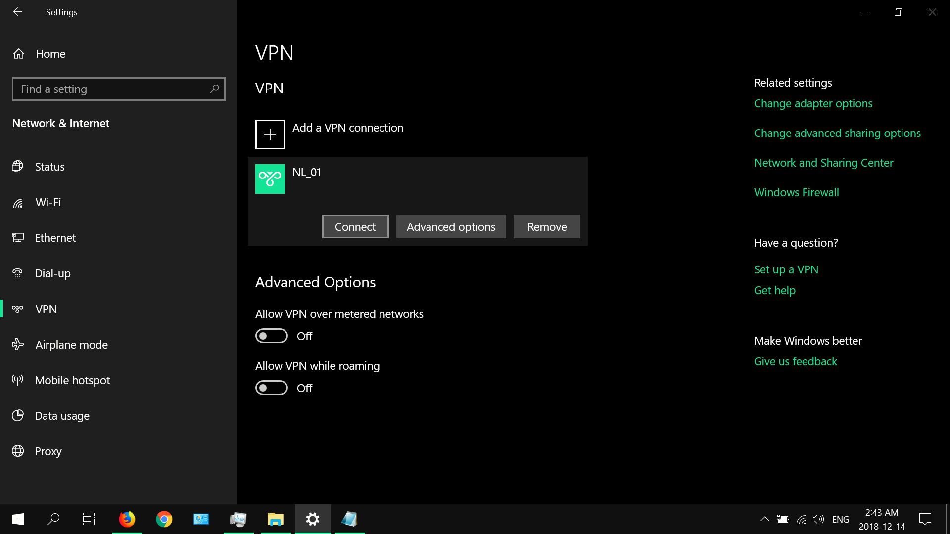 Скриншот подключения Windows 10 к VPN.