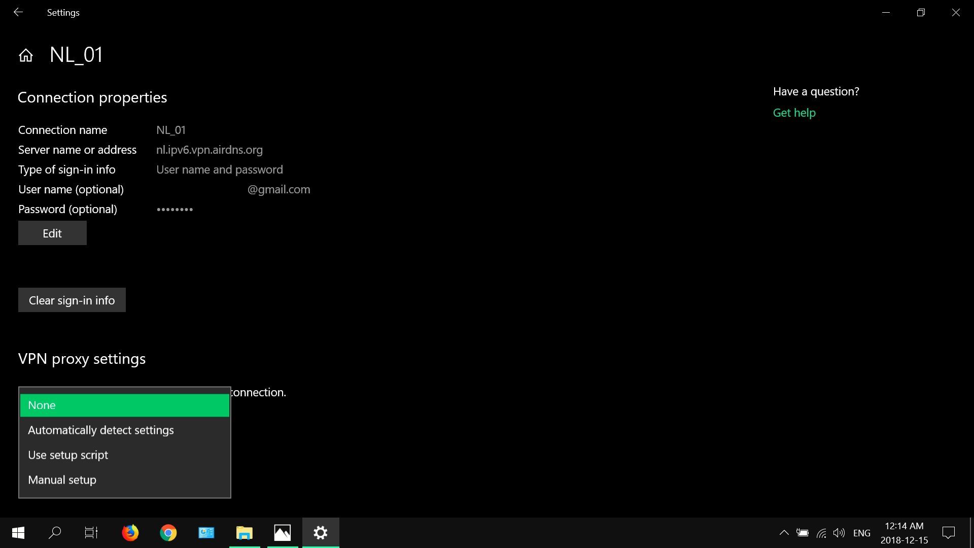 Снимок экрана, показывающий параметры настройки VPN-прокси во встроенном приложении VPN для Windows 10.
