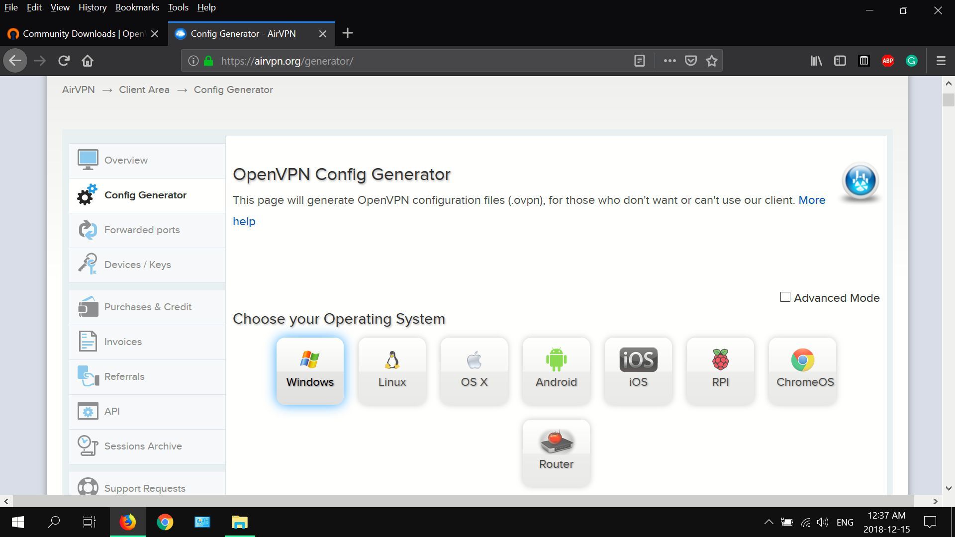 Скриншот Aircpn's OpenVPN config generator.