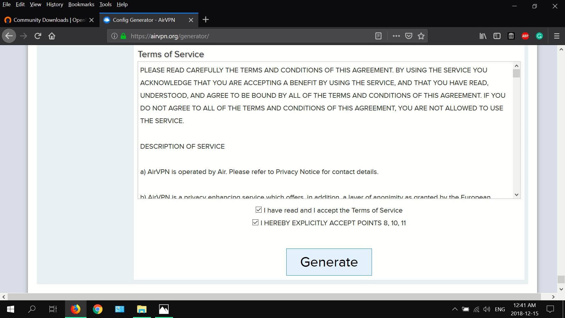 Скриншот AirVPN's terms of service agreement.