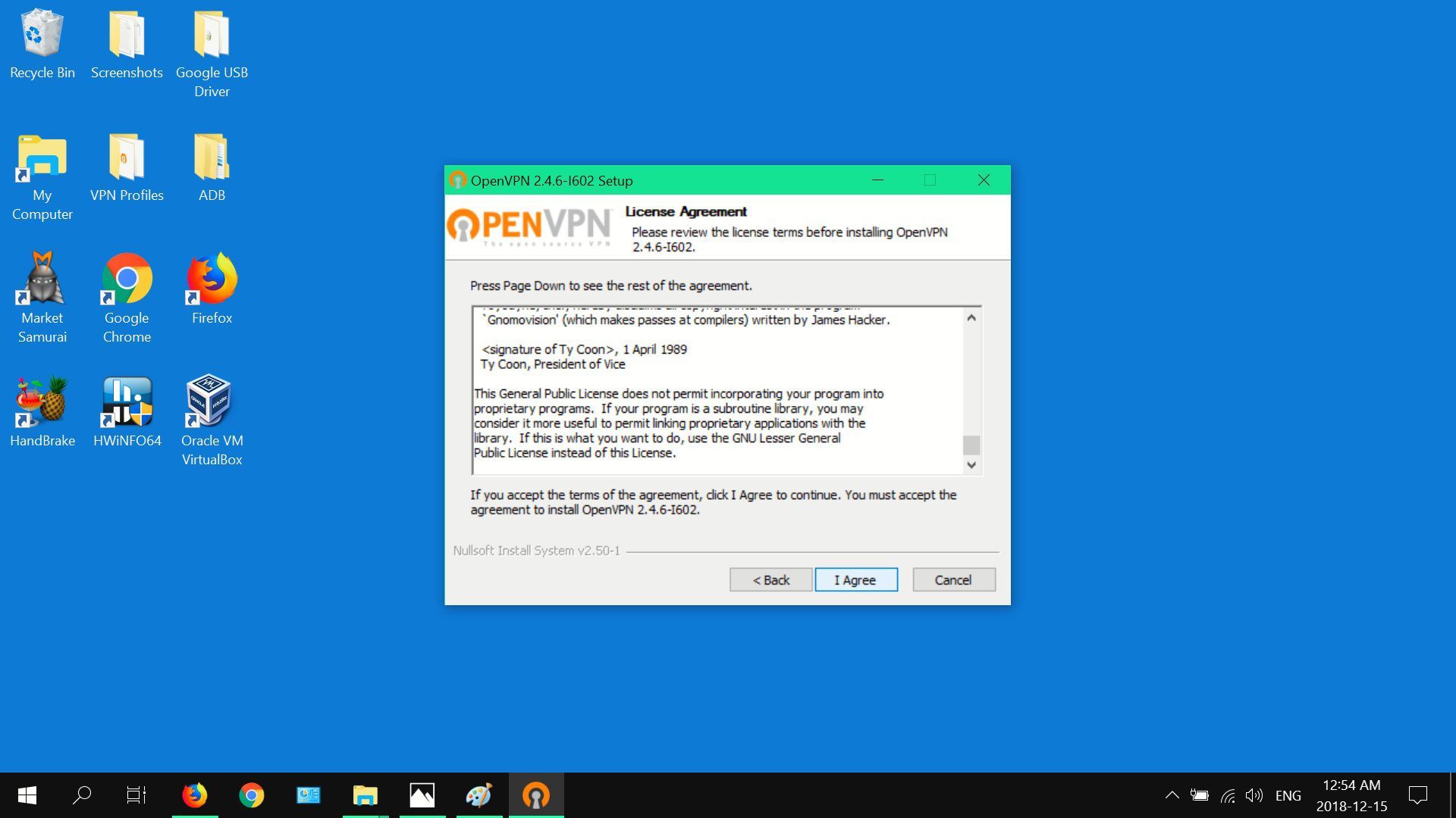 Скриншот OpenVPN's license agreement.
