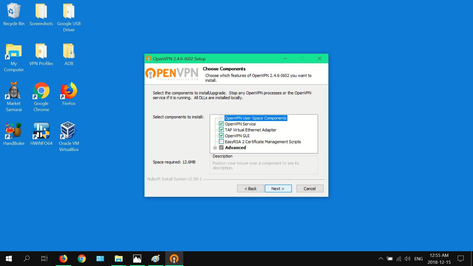 Скриншот OpenVPN's component options.