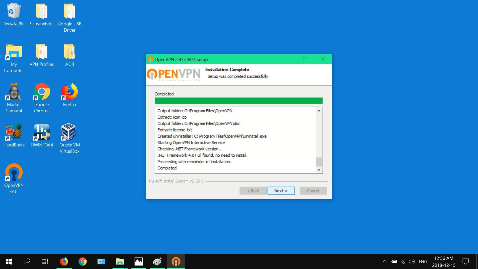 Скриншот, показывающий OpenVPN's installation progress in Windows 10.