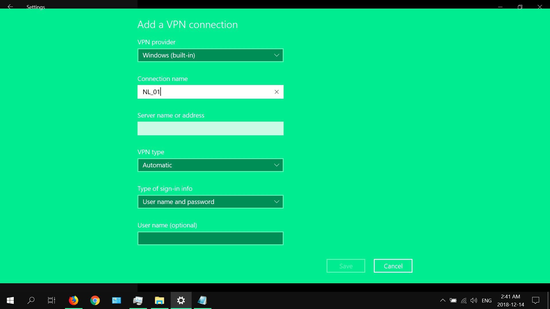 Скриншот, показывающий мастер настройки VPN в Windows 10.