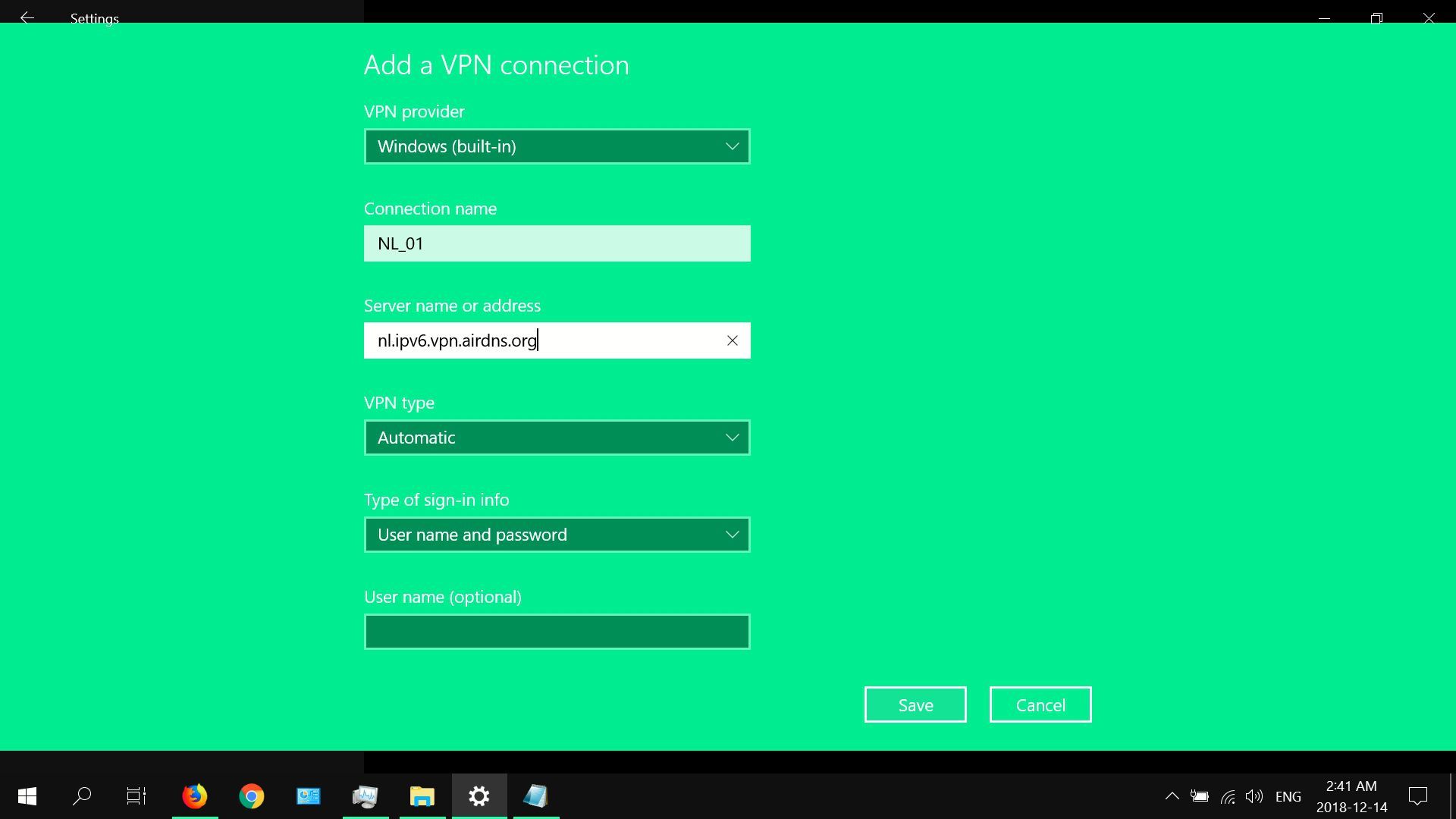 Снимок экрана, показывающий, как добавить соединение в Windows' built-in VPN client.