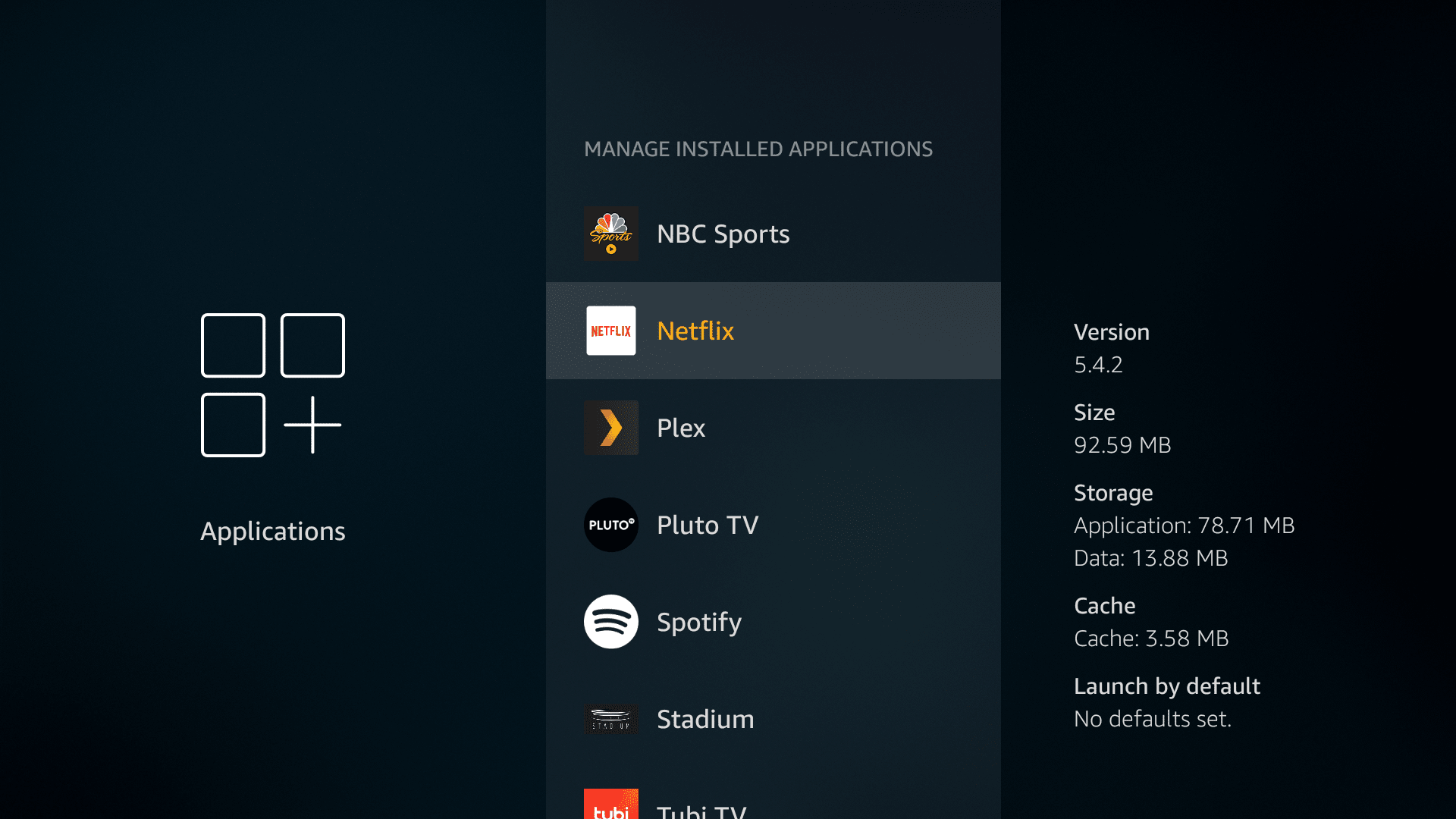 меню выбора управления приложениями Fire TV