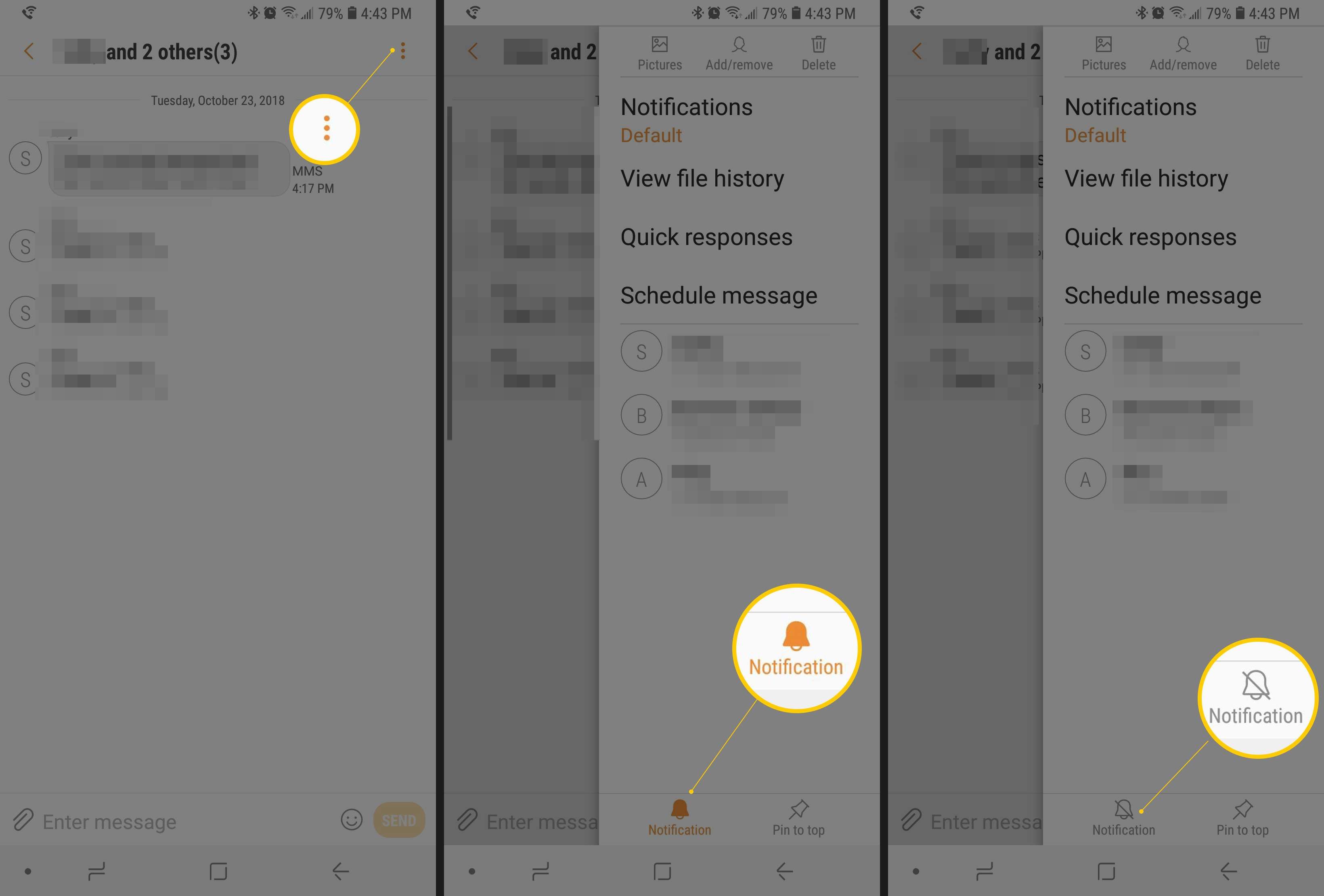 Три экрана Android, отображающие трехточечное меню и два состояния значка уведомлений