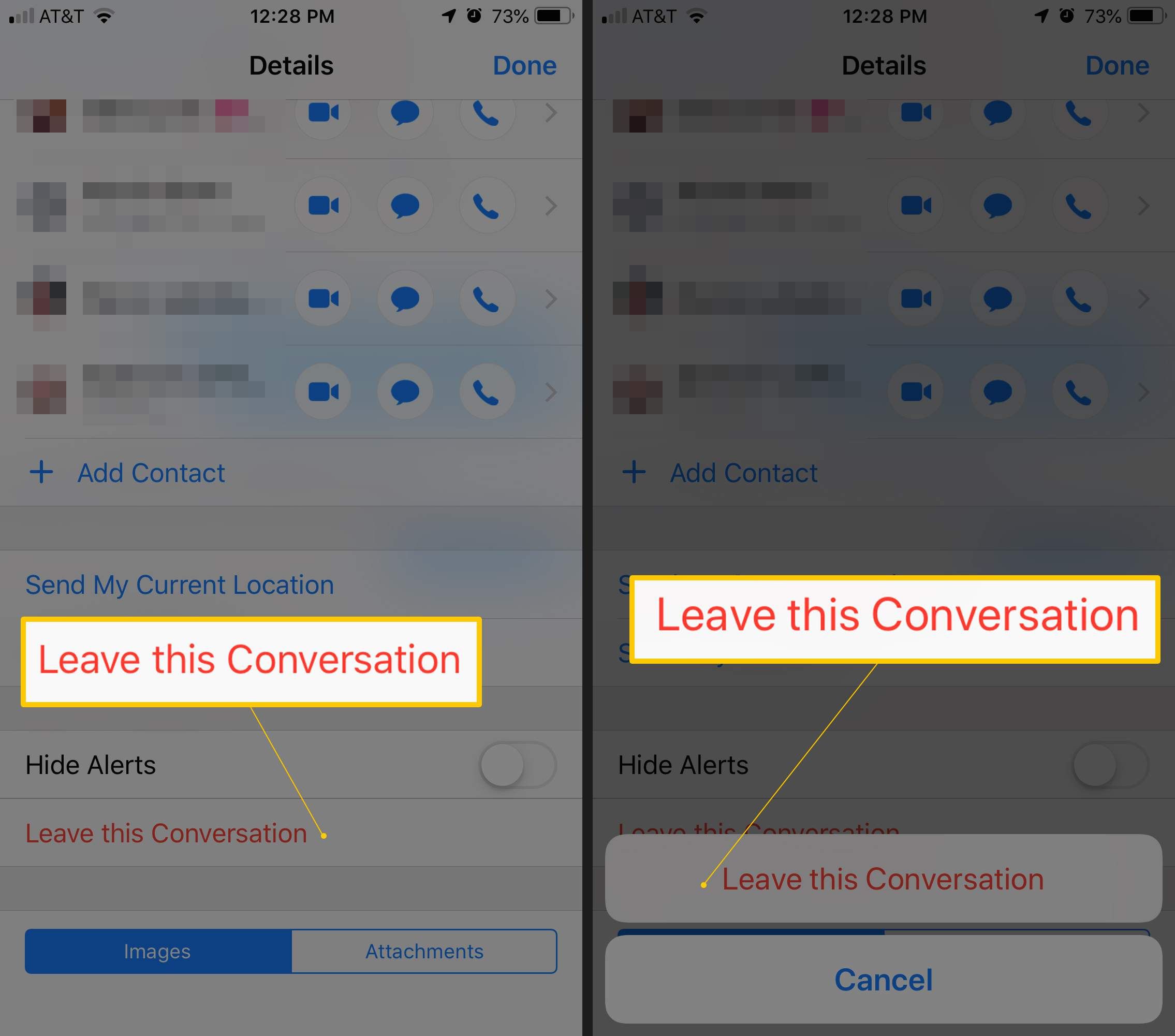 Два экрана iOS с параметрами «Оставить разговор» и кнопкой подтверждения